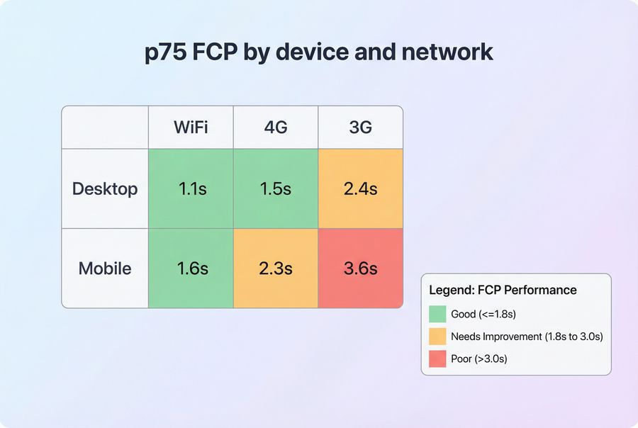 Heatmap of p75 FCP by device type and network quality cohort