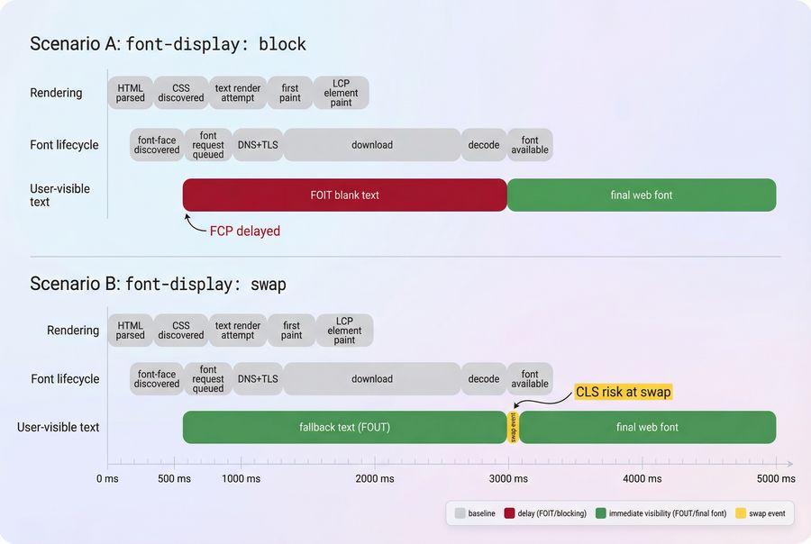 Timeline showing how web font download and swap affects FCP, LCP, and CLS