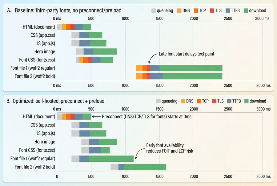 Waterfall comparing third-party font loading versus self-hosted with preconnect and preload