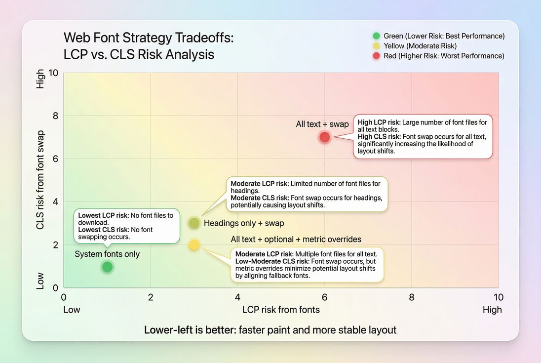 Comparison chart of font strategies versus LCP risk and CLS risk