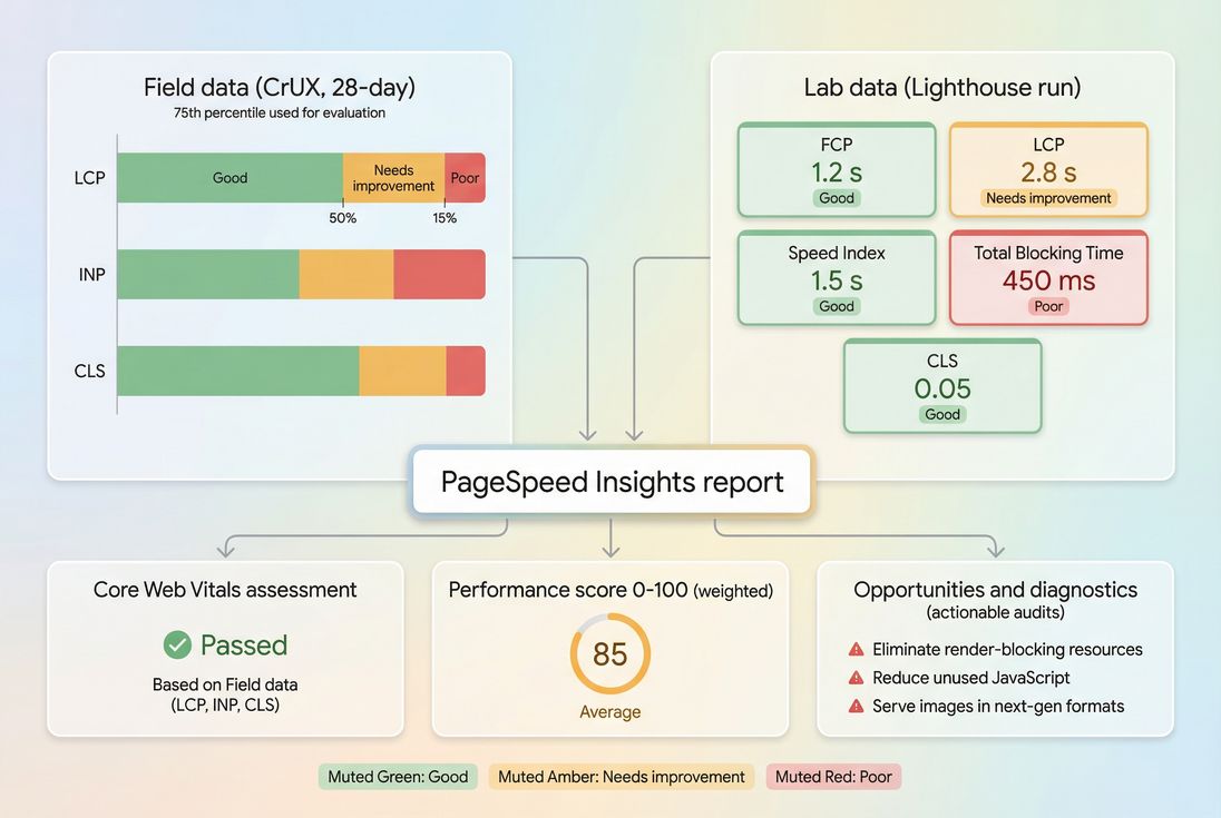Diagram showing PageSpeed Insights combining CrUX field data and Lighthouse lab data into Core Web Vitals, performance score, and audits