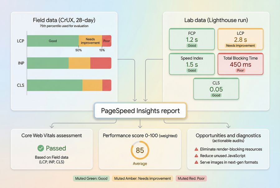 Diagram showing PageSpeed Insights combining CrUX field data and Lighthouse lab data into Core Web Vitals, performance score, and audits