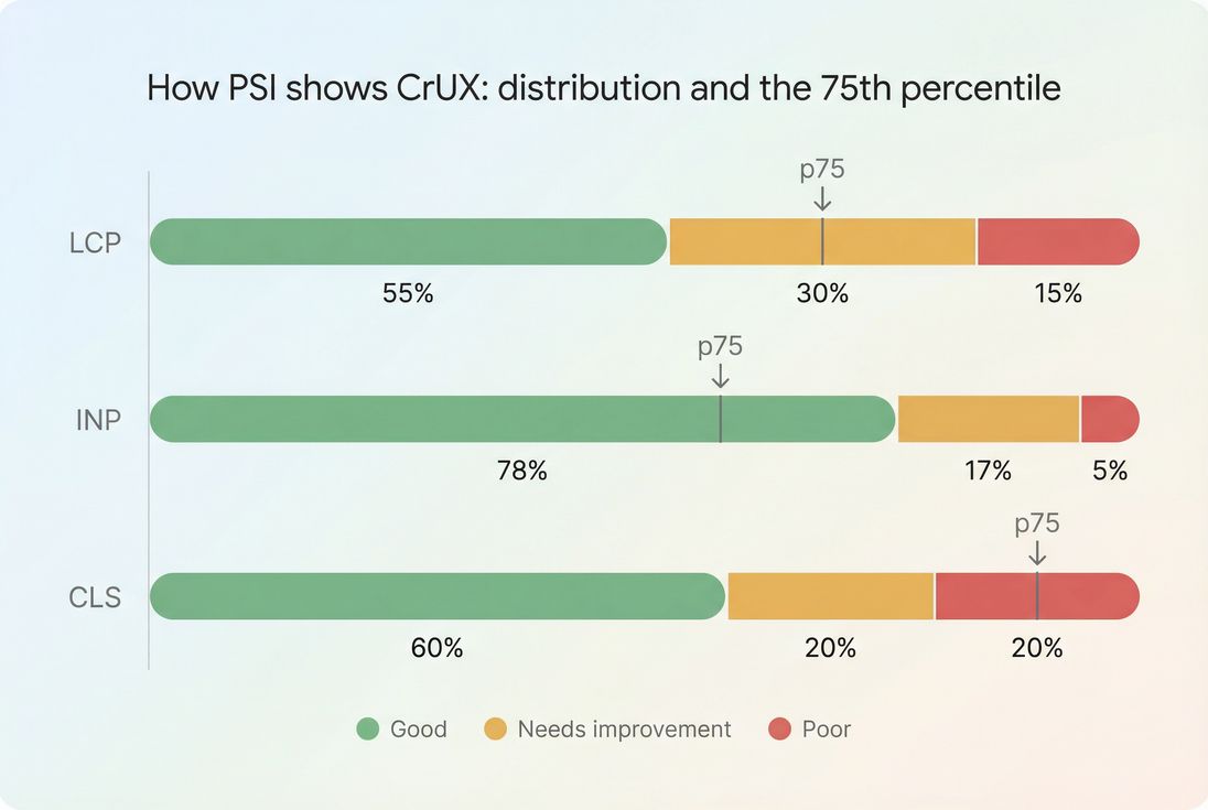 Stacked bar chart of CrUX distributions for LCP, INP, and CLS with good, needs improvement, and poor segments and 75th percentile marker