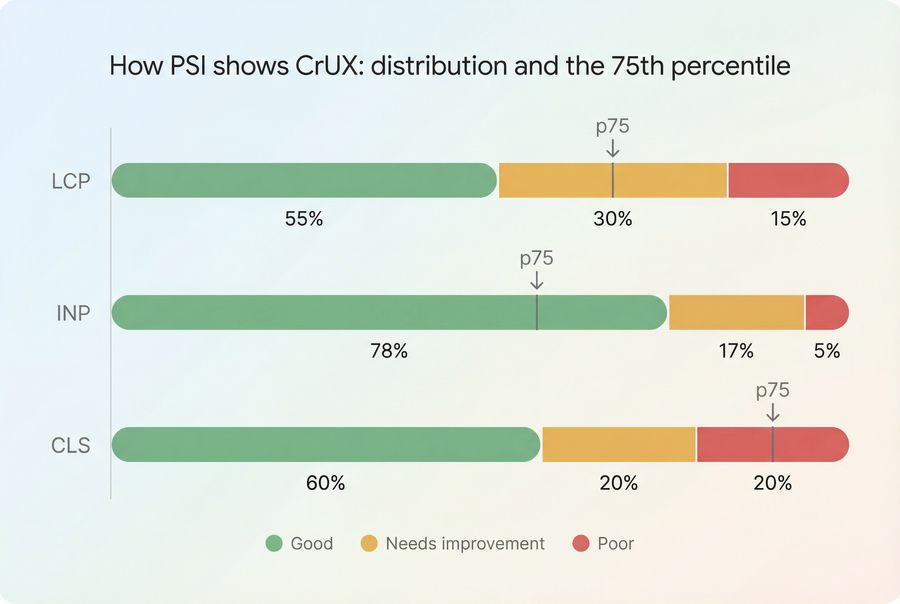 Stacked bar chart of CrUX distributions for LCP, INP, and CLS with good, needs improvement, and poor segments and 75th percentile marker