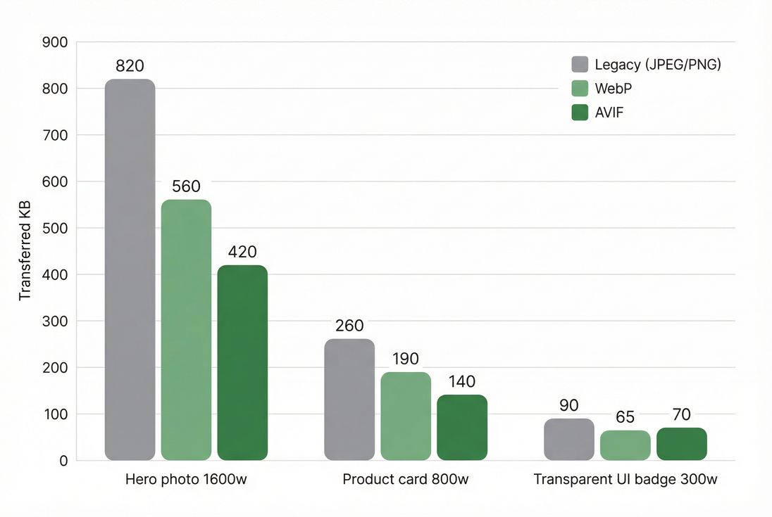 Grouped bar chart comparing JPEG/PNG vs WebP vs AVIF file sizes for common web images