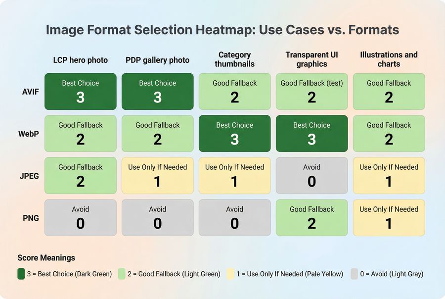 Heatmap decision matrix recommending AVIF or WebP based on image type and page importance