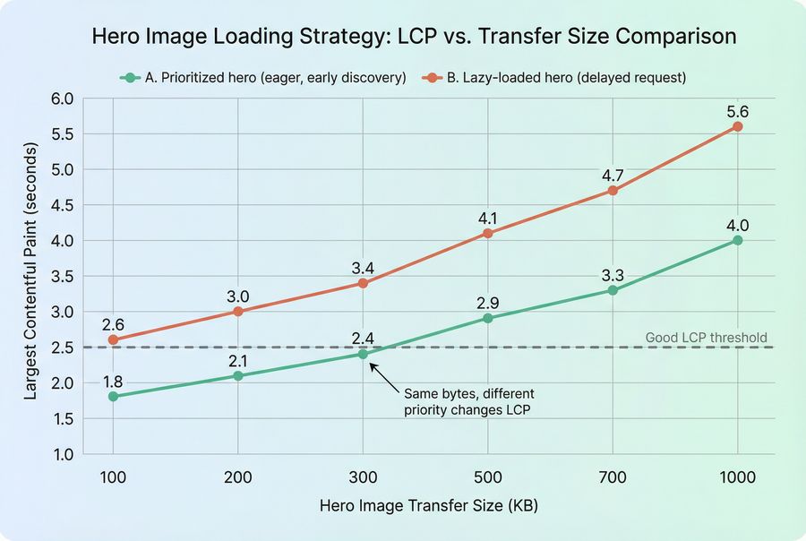 Line chart showing how LCP increases as hero image transfer size grows, comparing prioritized vs lazy-loaded hero images
