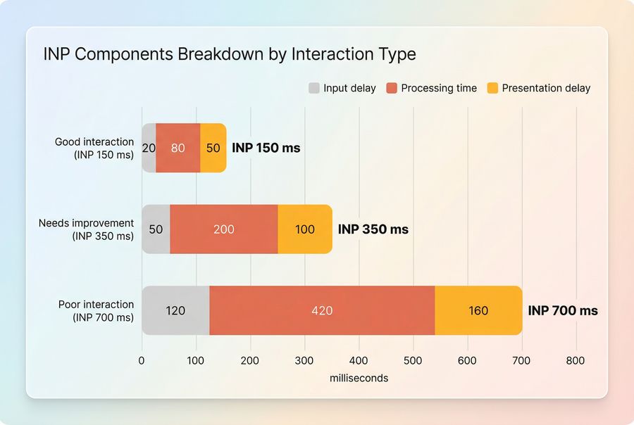 Stacked bars showing INP broken into input delay, processing time, and presentation delay across good, needs improvement, and poor examples