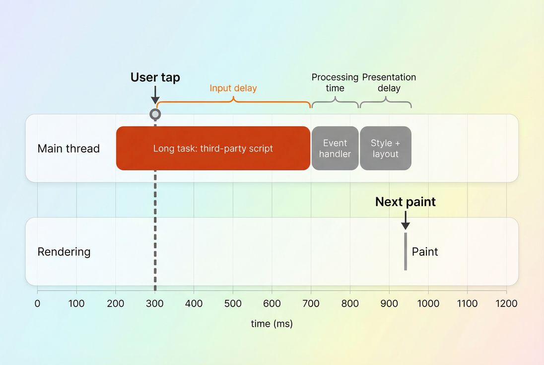 Gantt-style timeline showing an interaction landing during a long main-thread task, delaying input and pushing the next paint later