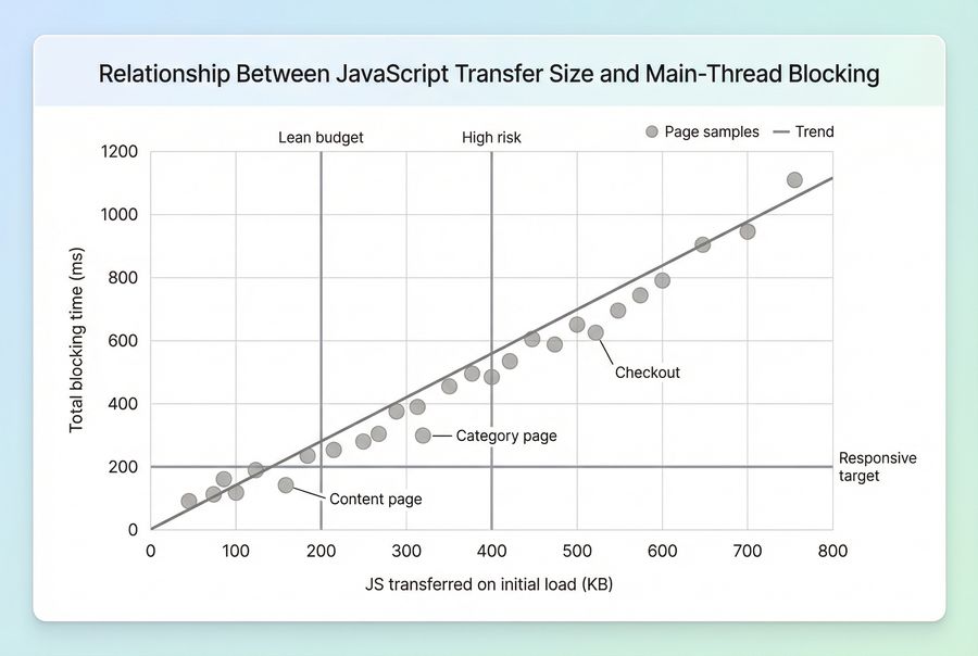 Scatter plot showing that higher JavaScript transfer size is associated with higher total blocking time on mobile, with a trend line and labeled thresholds