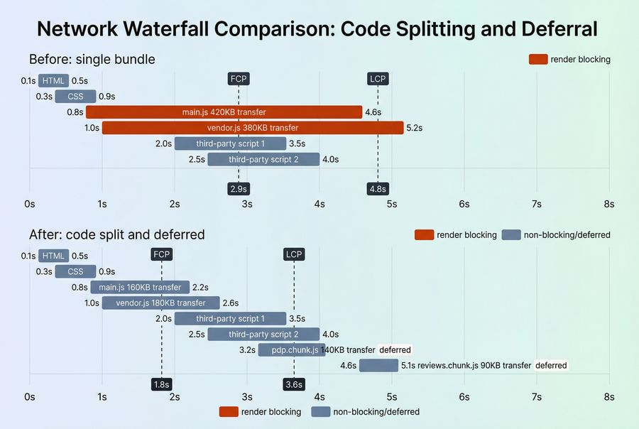 Two aligned network waterfalls comparing a single large render-blocking bundle versus code-split deferred chunks, with earlier FCP and less blocking