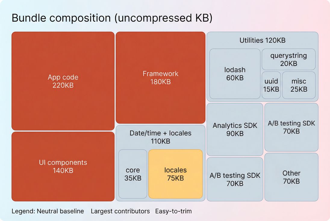 Treemap of JavaScript bundle composition highlighting largest modules like framework, utilities, date locales, and third-party SDKs