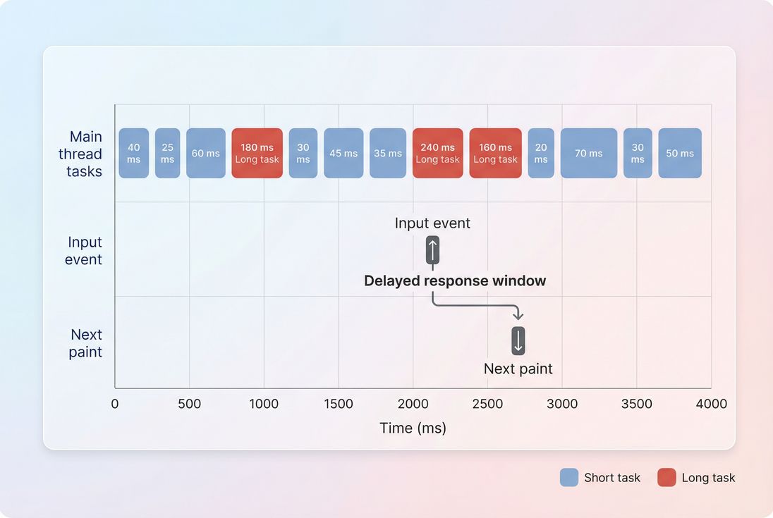 Main thread timeline showing long JavaScript tasks delaying input handling