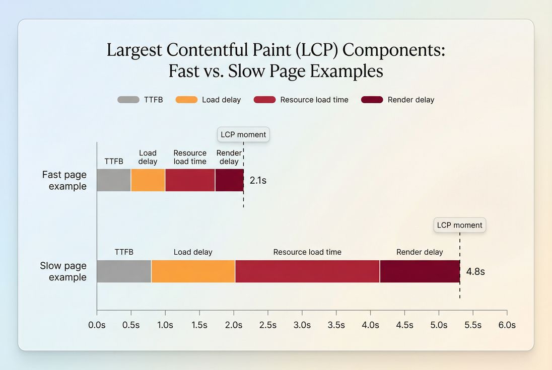 Timeline showing LCP and its components (TTFB, load delay, load time, render delay)