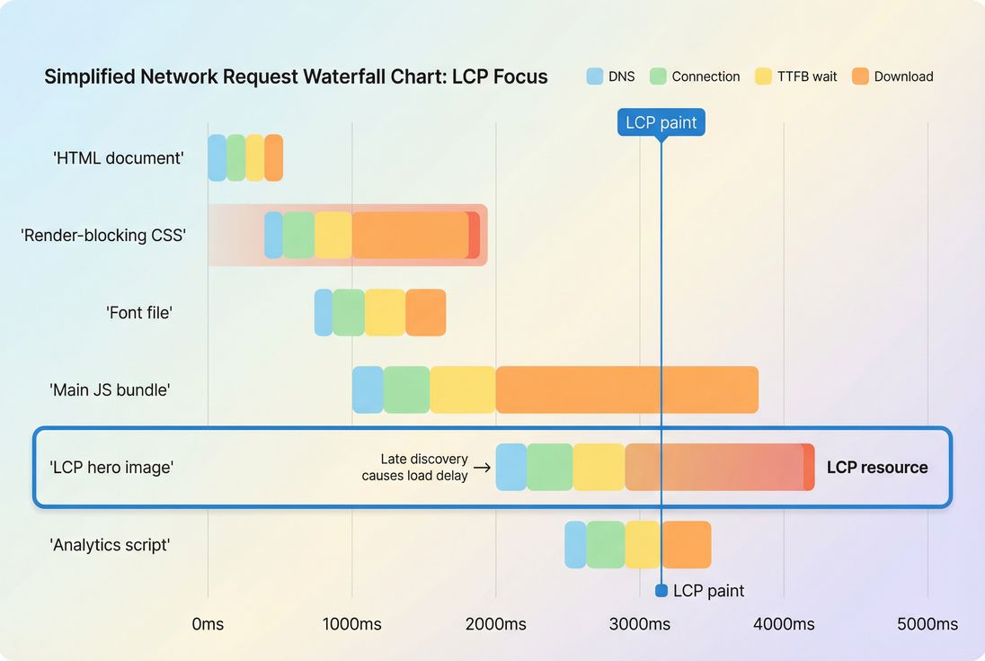 Simplified network waterfall highlighting render-blocking CSS and the LCP image request timing