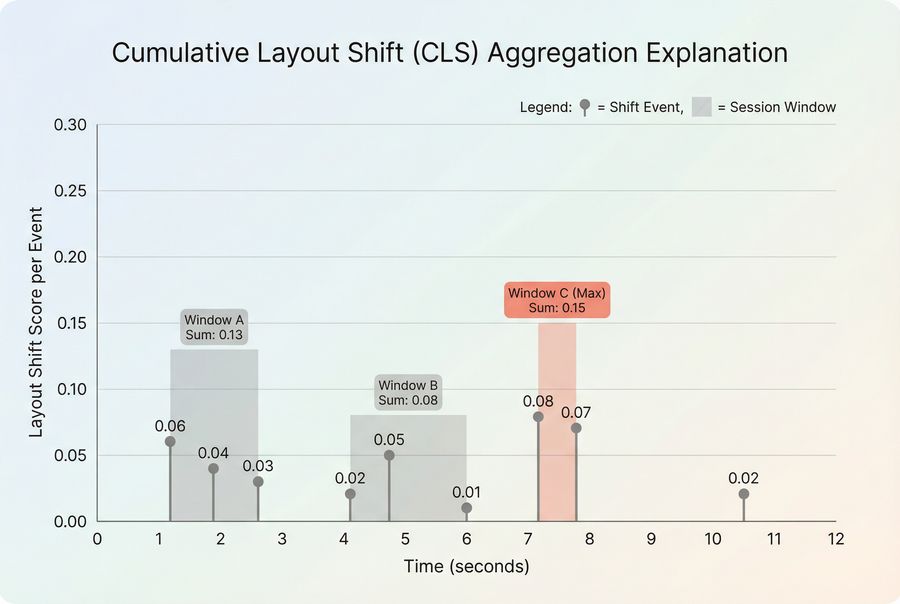 Timeline of layout shift events showing how CLS is summed within session windows and how a single window can determine the final CLS