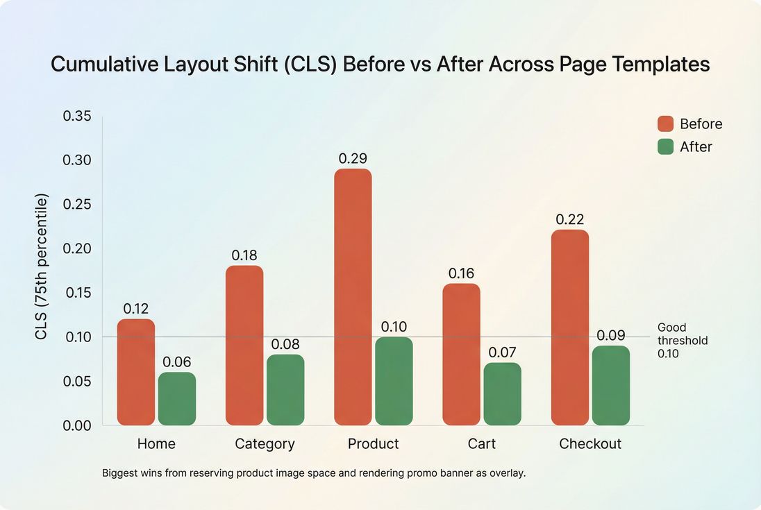 Before and after bar chart showing CLS improvement by template after fixing image dimensions and banner injection
