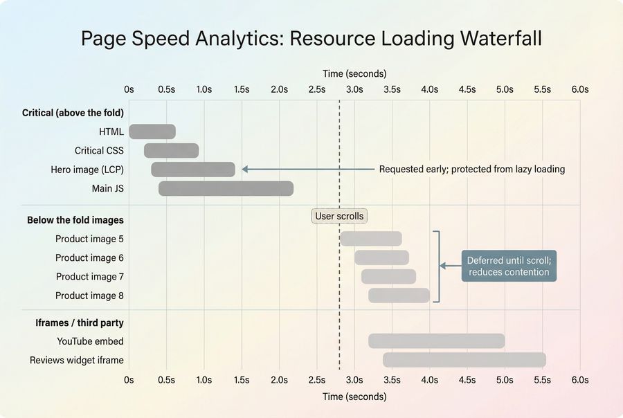 Conceptual network waterfall showing LCP image requested early and offscreen images deferred until scroll