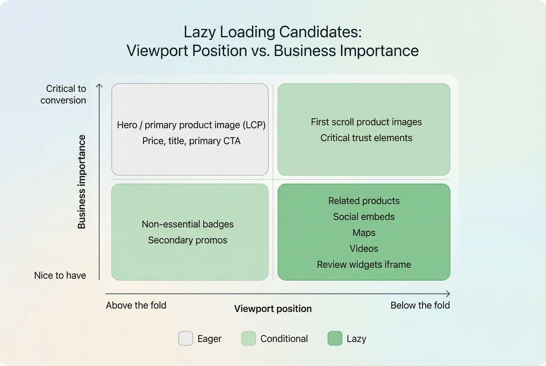 Decision matrix showing what to eager load vs lazy load by viewport position and business importance