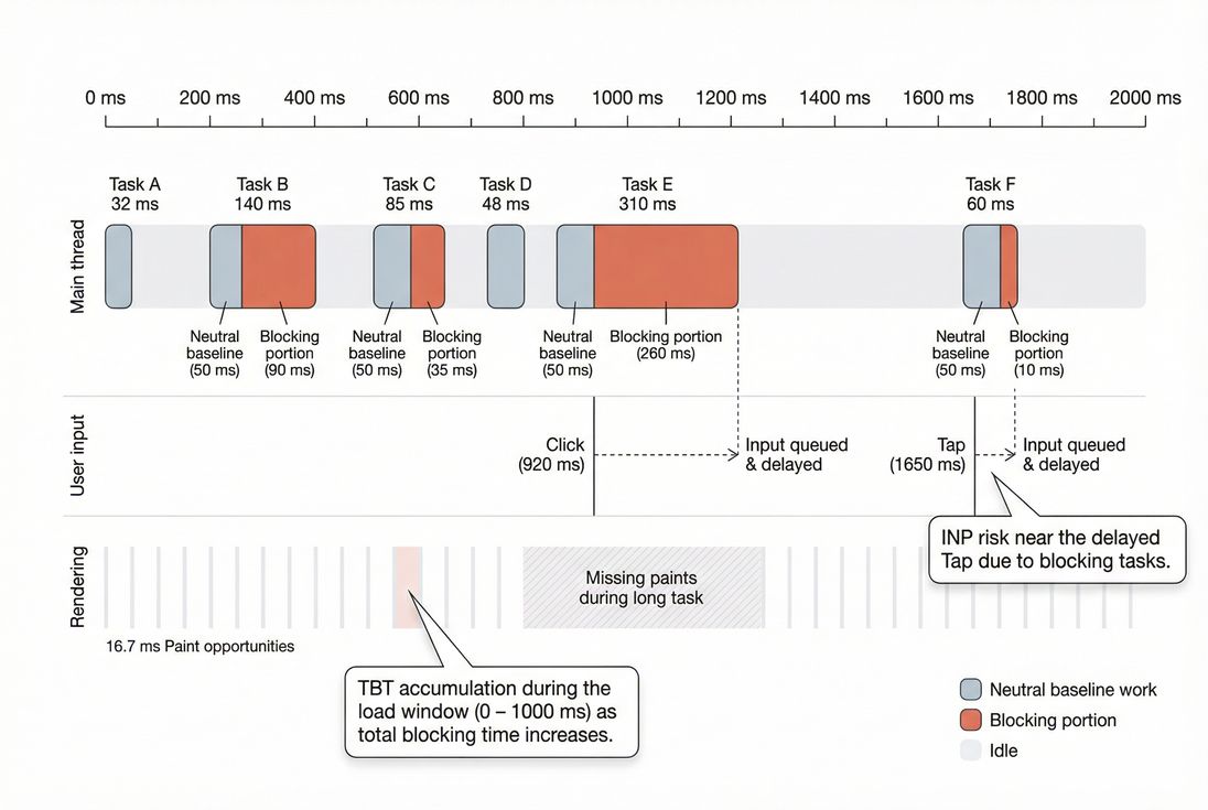 Main thread timeline highlighting long tasks, blocking time, and delayed input handling