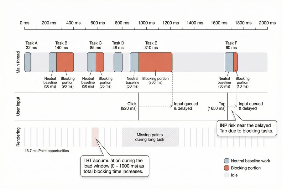 Main thread timeline highlighting long tasks, blocking time, and delayed input handling