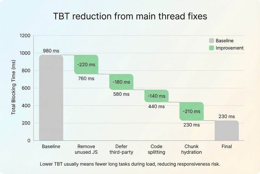 Bridge chart showing how optimizations reduce total blocking time by removing long tasks