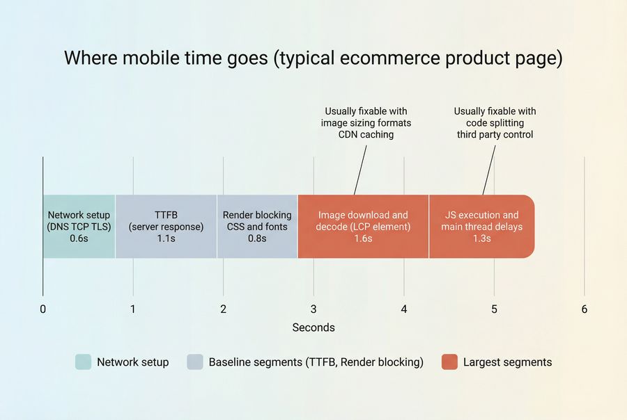 Stacked bar chart showing how mobile load time is split across network, server response, render blocking resources, and JavaScript work