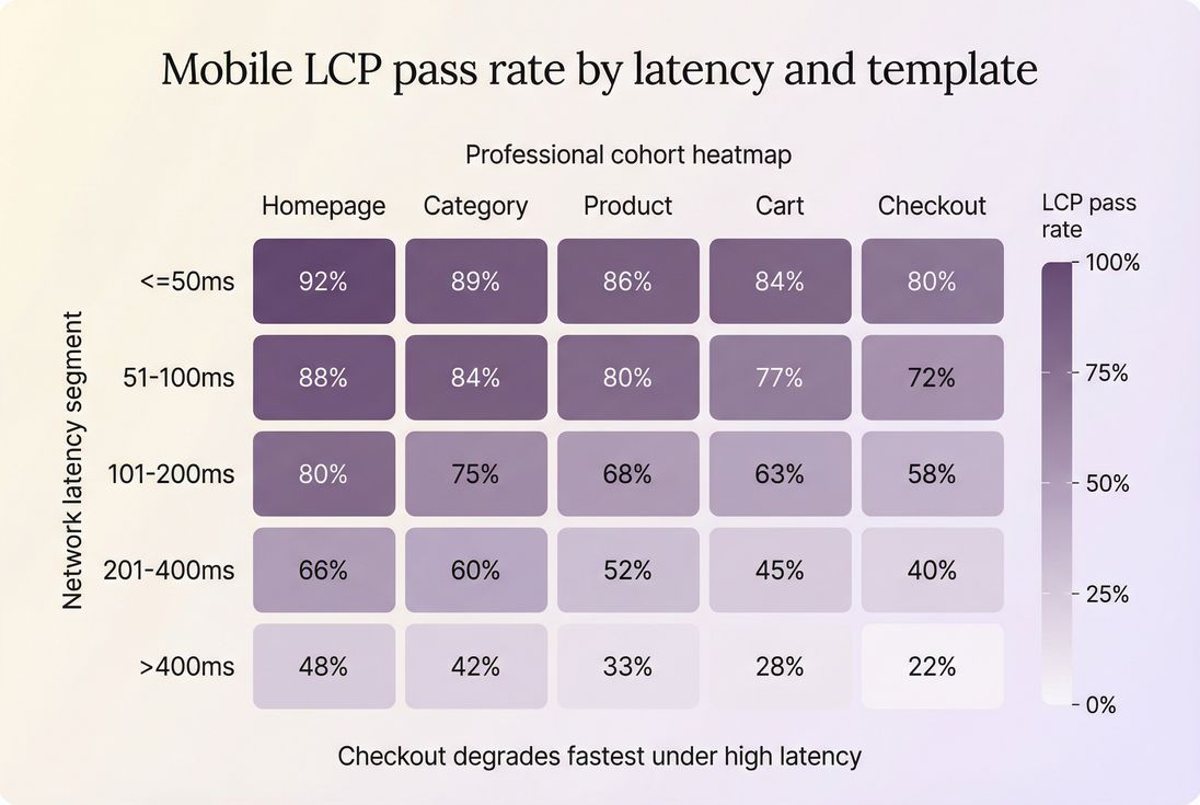 Heatmap showing LCP pass rate by network latency segment and page type on mobile