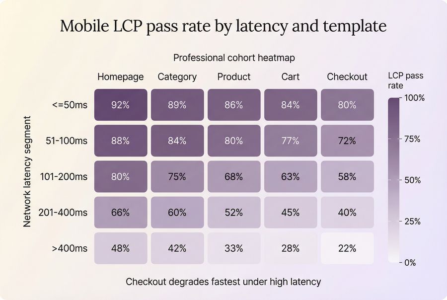 Heatmap showing LCP pass rate by network latency segment and page type on mobile