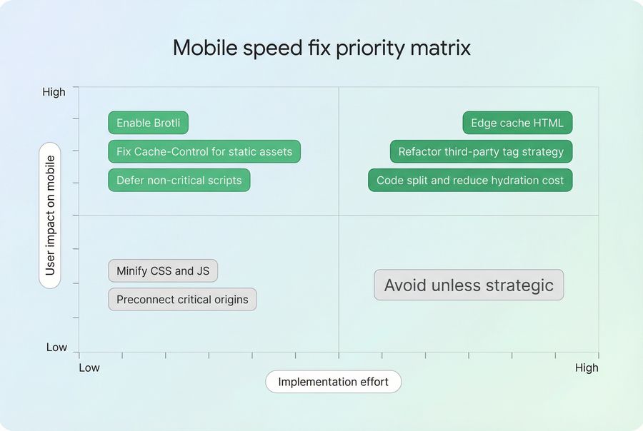 2x2 matrix prioritizing mobile speed fixes by impact and effort with labeled examples