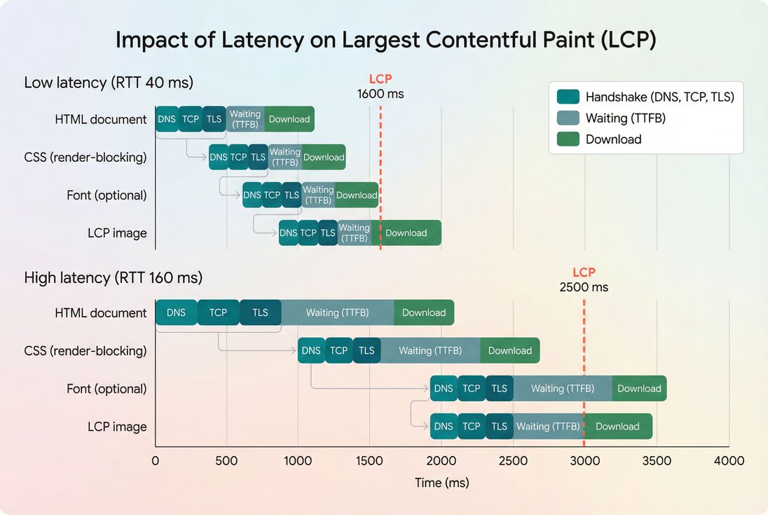 Waterfall showing how latency delays LCP through connection setup and request start times