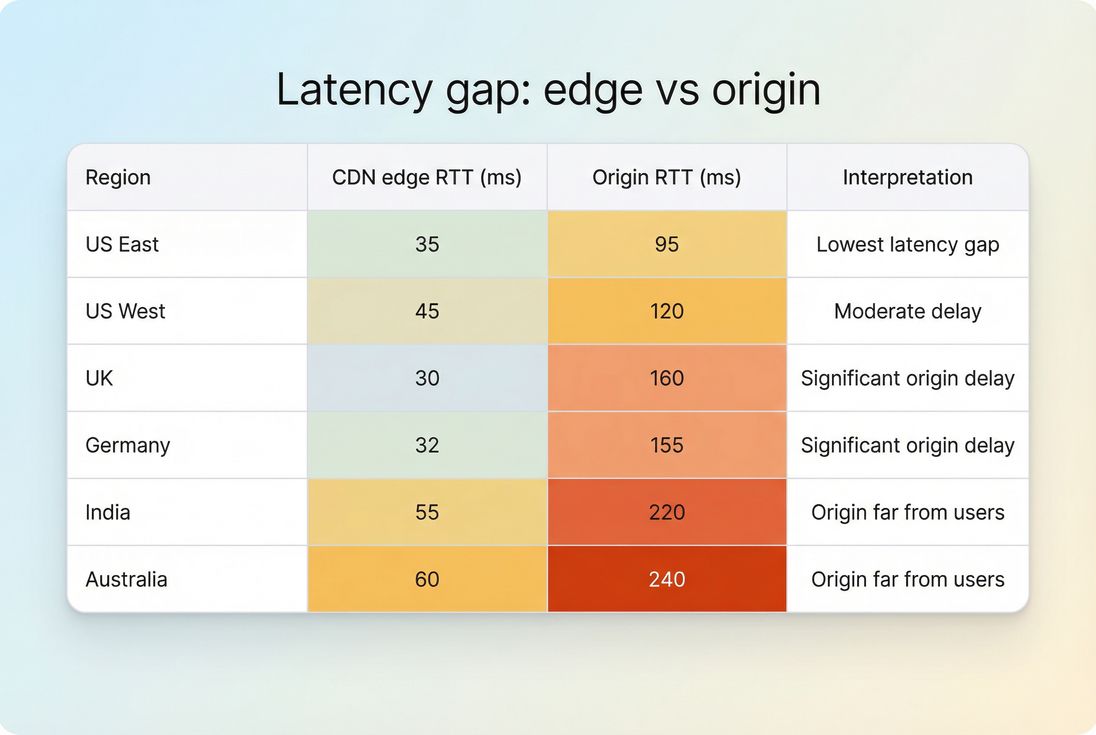 Heatmap comparing CDN edge latency vs origin latency by region