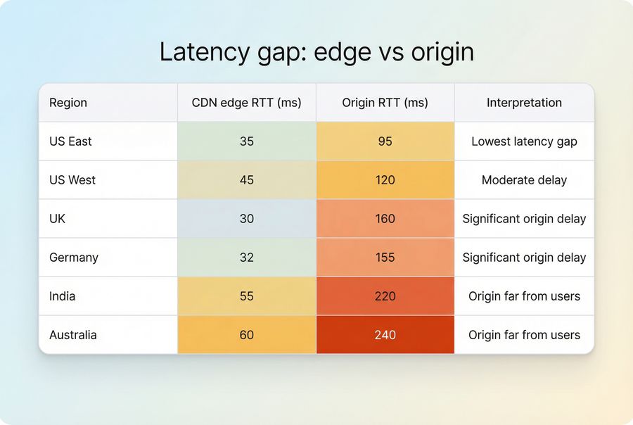 Heatmap comparing CDN edge latency vs origin latency by region