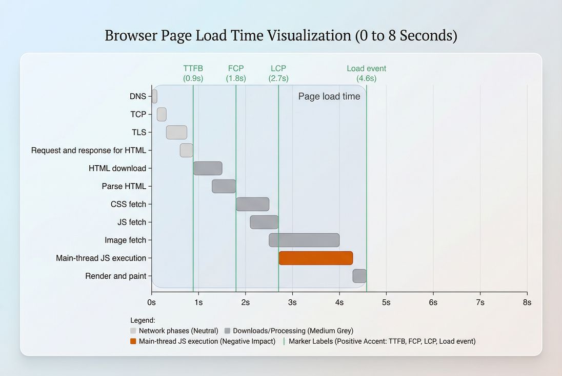 Timeline chart showing navigation phases and where page load time sits relative to FCP, LCP, and the load event