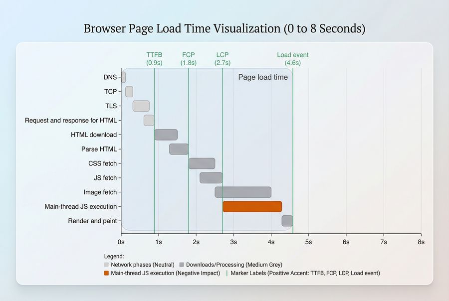 Timeline chart showing navigation phases and where page load time sits relative to FCP, LCP, and the load event