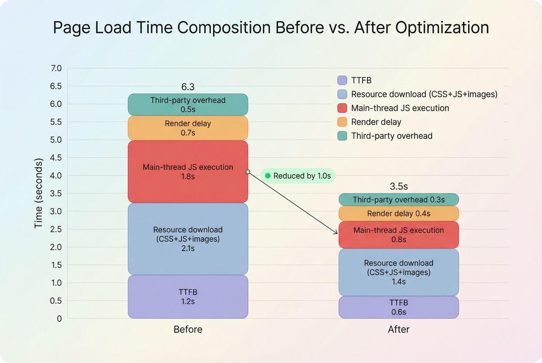 Stacked bar chart comparing page load time breakdown before and after optimization