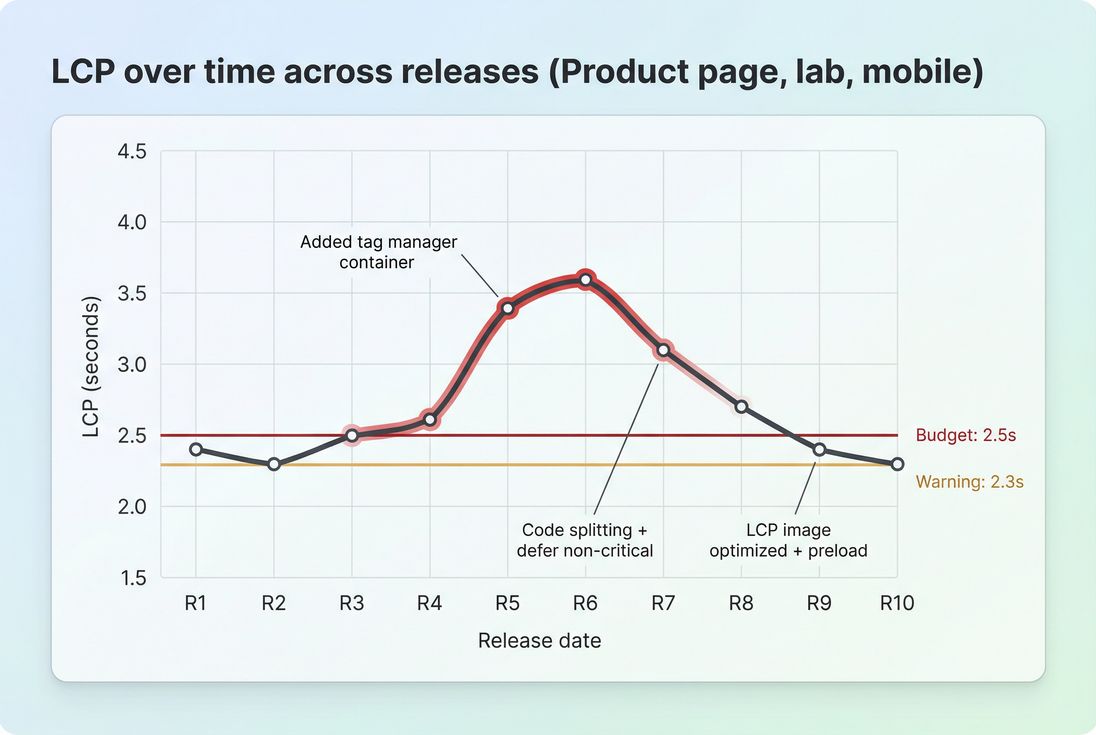 Line chart of LCP across releases with budget threshold and regression markers