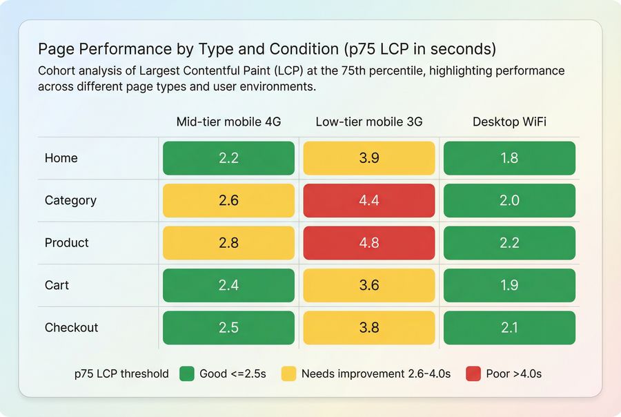 Heatmap of p75 LCP by page type and device or network scenario