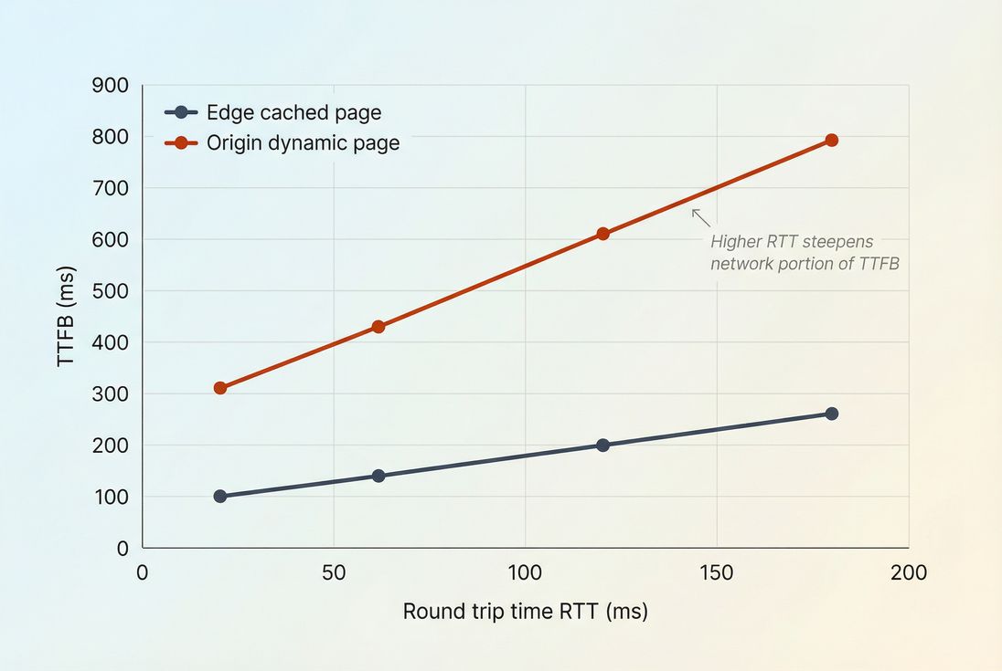 Line chart showing how TTFB increases as RTT increases for edge-cached versus origin-dynamic pages