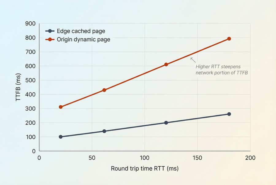 Line chart showing how TTFB increases as RTT increases for edge-cached versus origin-dynamic pages