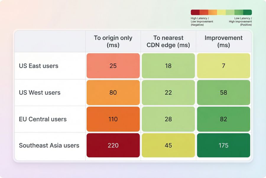 Heatmap comparing ping latency to origin versus to CDN edge by region