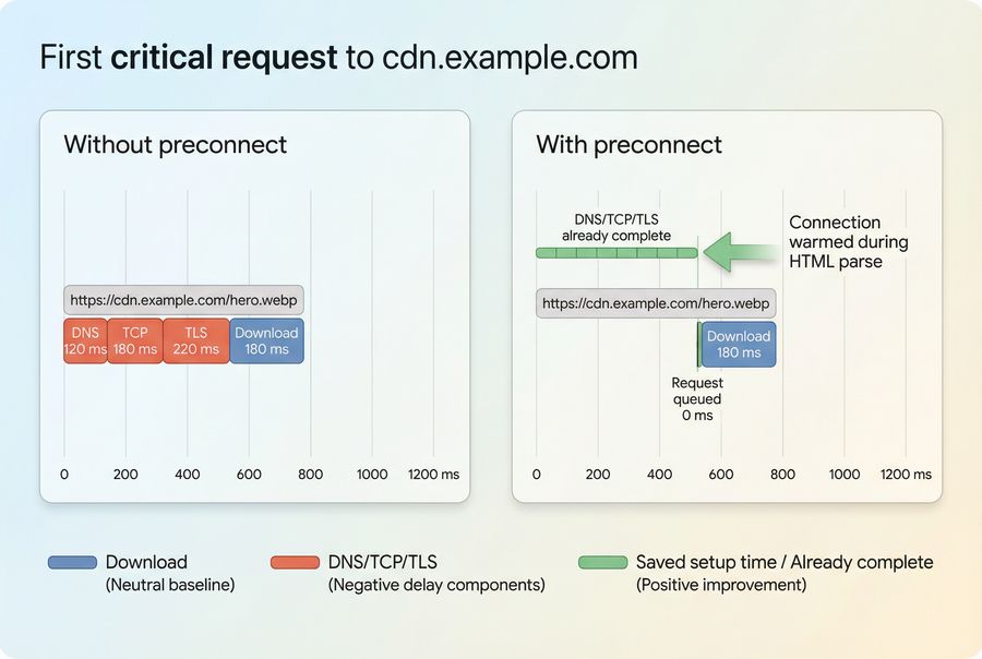Network waterfall comparison showing earlier DNS, TCP, and TLS using preconnect