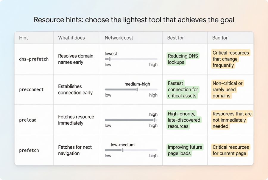 Comparison of dns-prefetch, preconnect, preload, and prefetch by purpose and cost