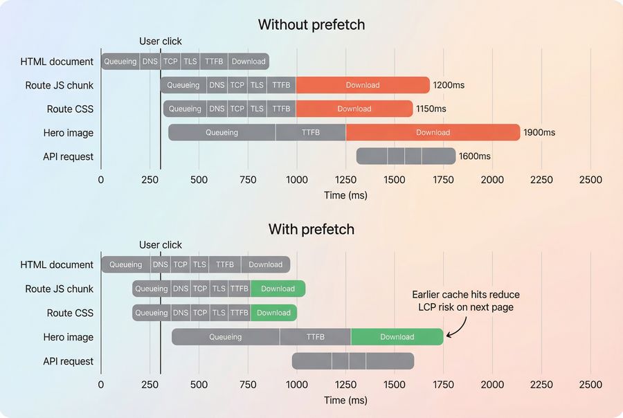 Waterfall comparison showing next-page load with and without prefetch