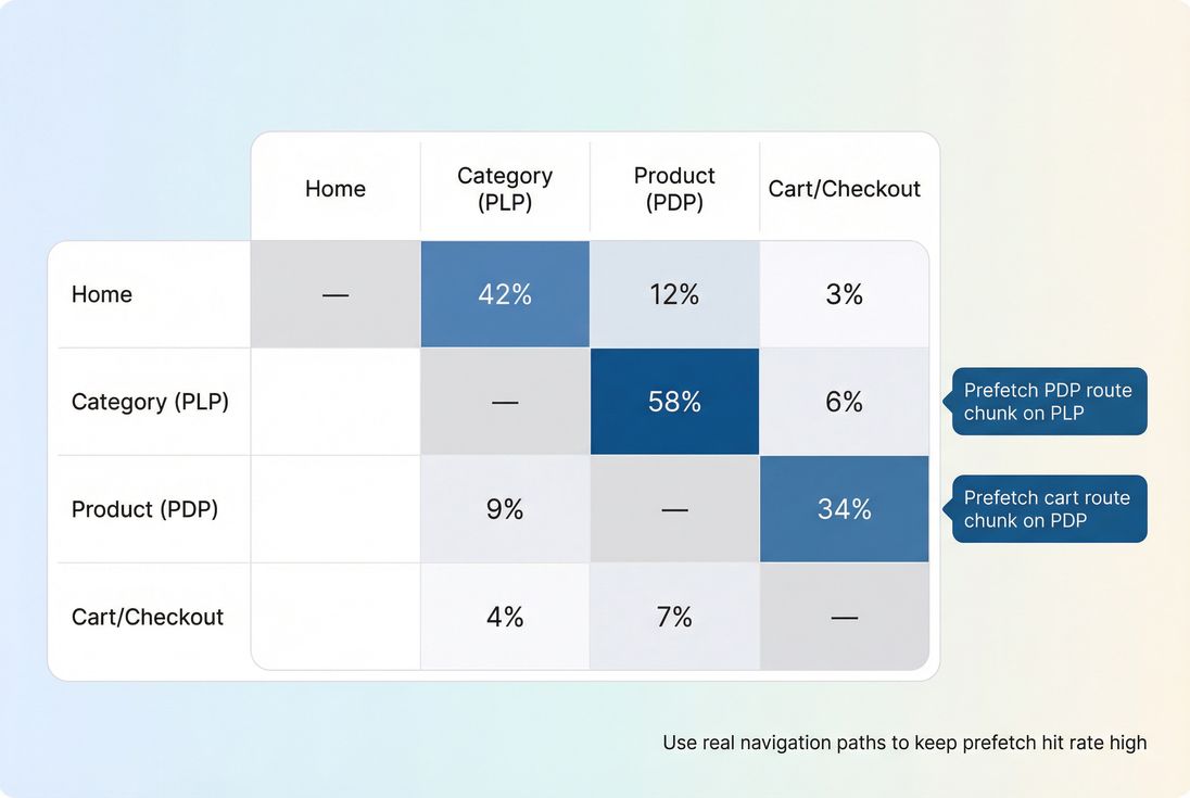 Heatmap of common navigation paths with suggested prefetch points