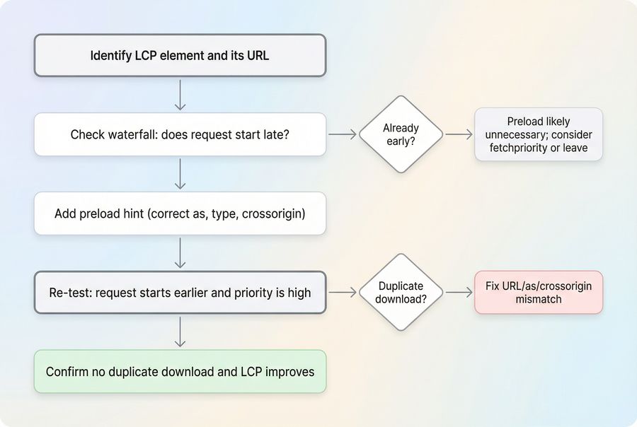 Validation flow showing the steps from finding the LCP resource to confirming earlier request start and no duplicate downloads