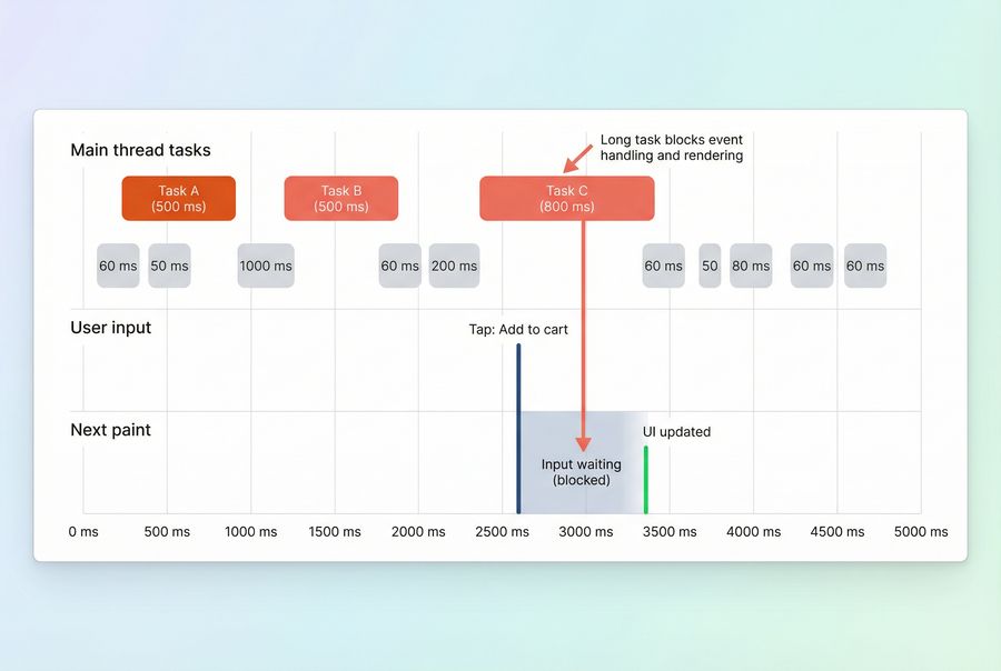 Timeline diagram showing long tasks on the main thread blocking an interaction and delaying the next paint