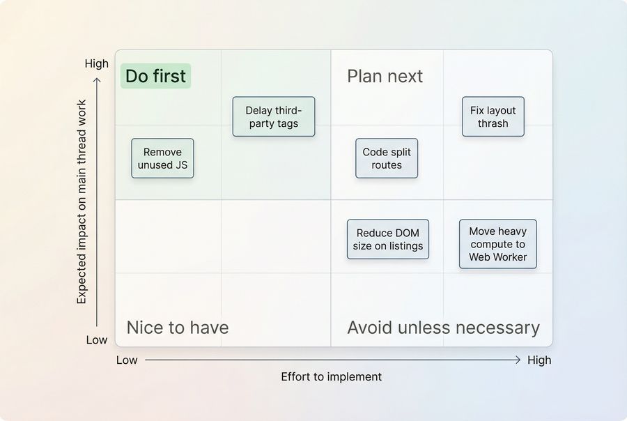 Decision matrix mapping main thread work categories to likely fixes and expected business impact