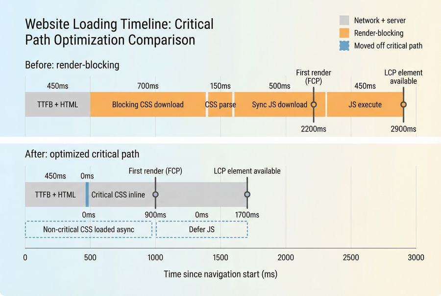 Timeline showing how blocking CSS and synchronous JS delay first paint and LCP