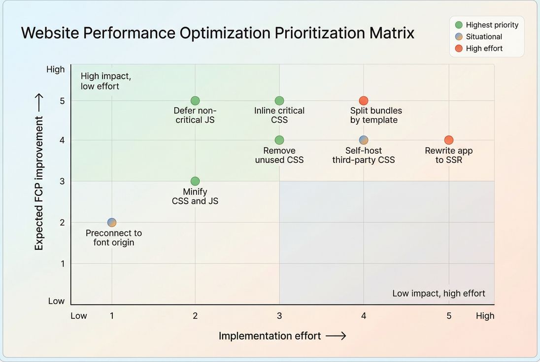 Prioritization matrix showing which render-blocking fixes usually deliver the biggest impact with the least risk